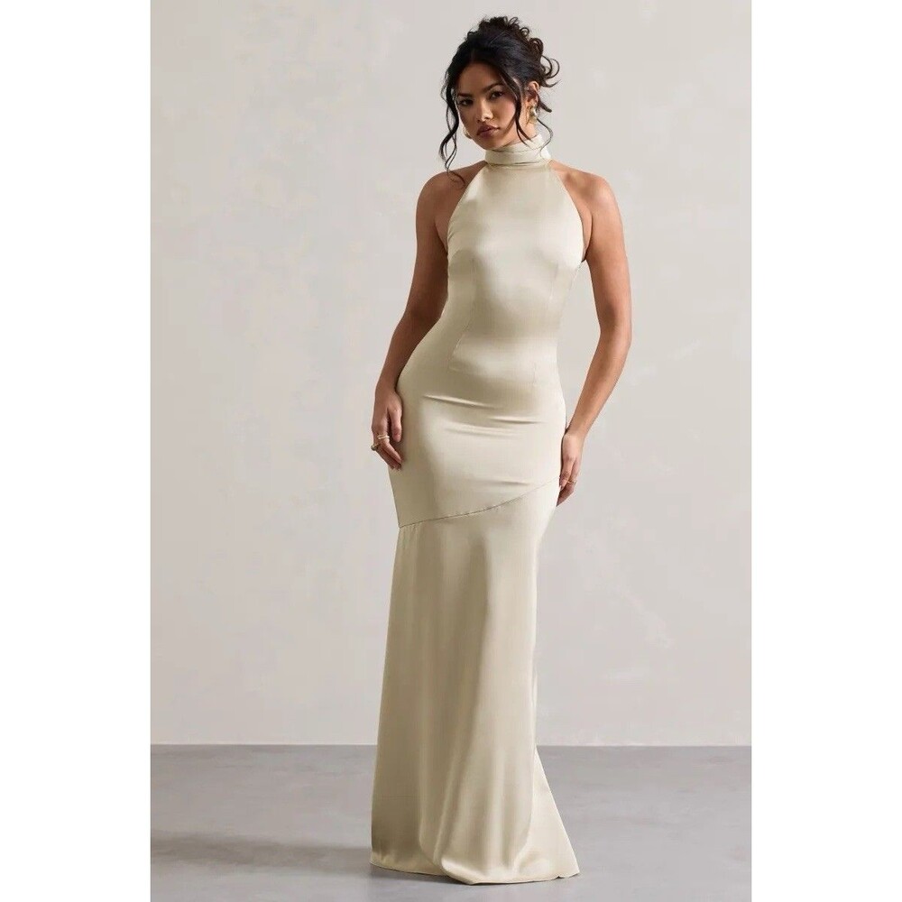 Club L London Adoria Champagne Satin High-Neck Maxi Dress Size 6